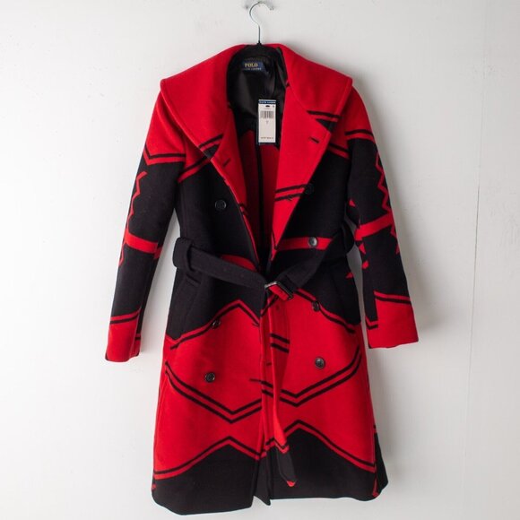 Polo Ralph Lauren Red Black Carlyn Double Breasted Belted Wool Coat‎ SZ. 0  NWT - Picture 1 of 12